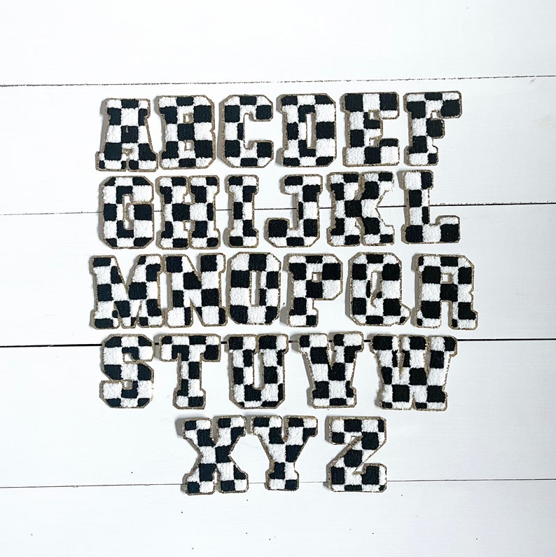 3.12 Retro Font Black White Checkered Chenille Iron On Letter Patches with gold glitter trim image 2