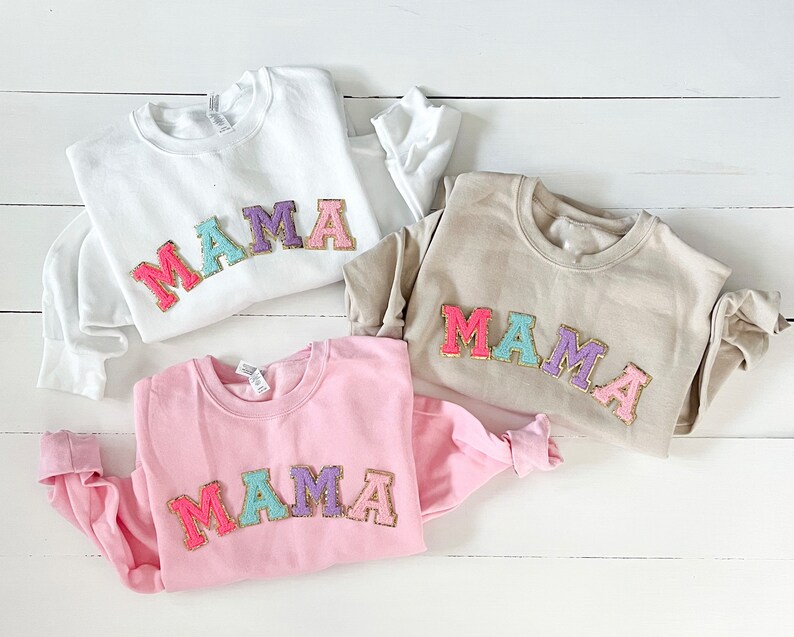Multi-color Adult Mama Chenille Sewn on Letter Patch Crewneck - Etsy