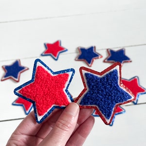 2.5" Red White & Blue Iron On Chenille Stars with Glitter Trim | Patriotic patches | 4th of July | America | stars and stripes