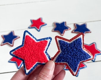 Red White & Blue Chenille Star Patch with Glitter Trim - 2.5" Iron On