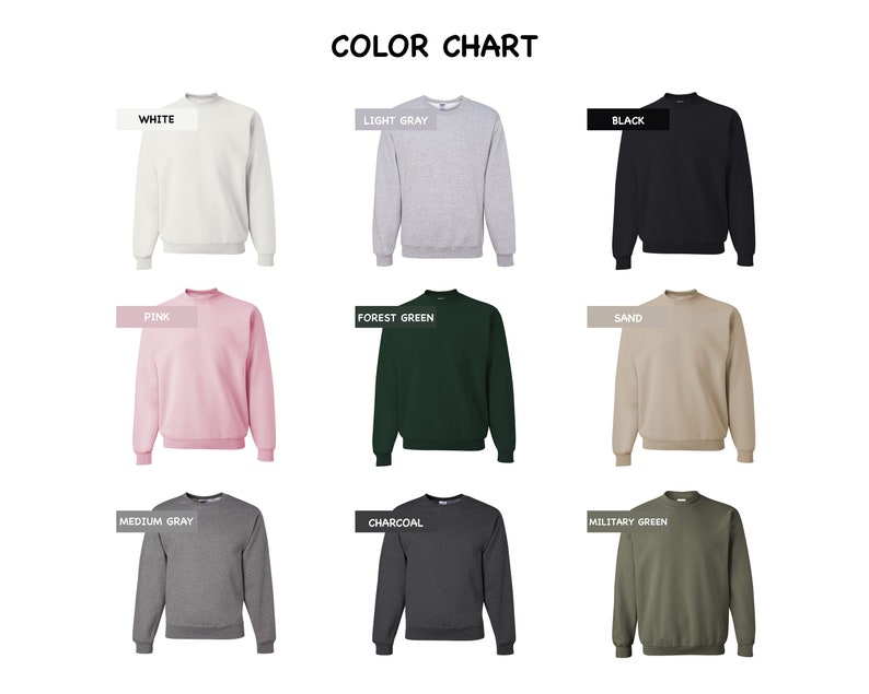 K&ouml;nnte beinhalten: Eine Farbkarte mit neun Sweatshirts mit Rundhalsausschnitt in verschiedenen Farben. Die Farben sind Wei&szlig;, Hellgrau, Schwarz, Rosa, Waldgr&uuml;n, Sand, Mittelgrau, Holzkohle und Milit&auml;rgr&uuml;n. Der Text "FARBKARTE" steht oben.