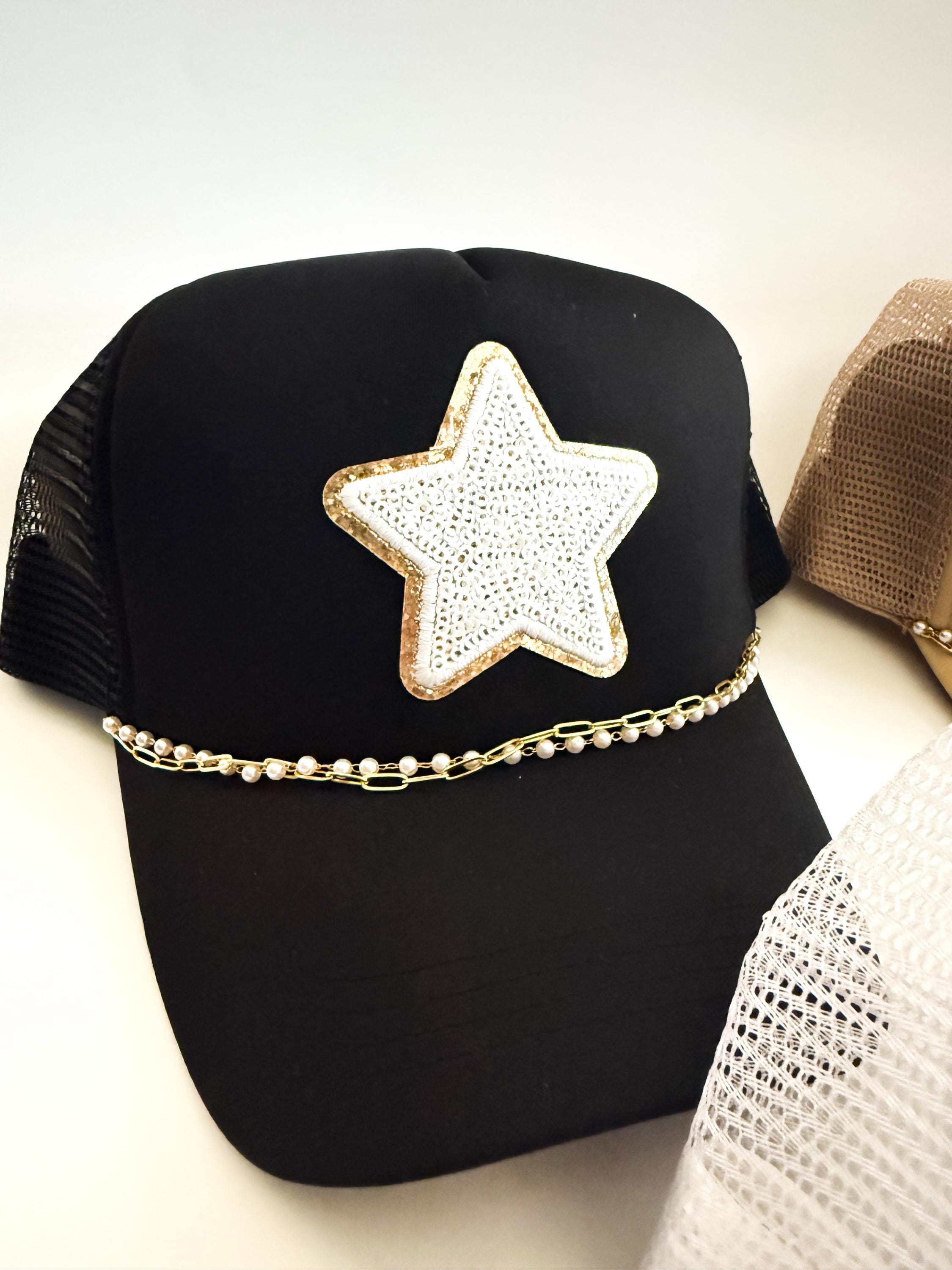 Adult Sequin Star Patch Trucker Hat With Gold and Pearl Hat 