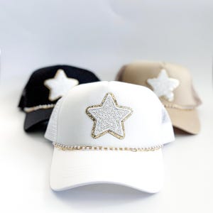 Erwachsene Pailletten Stern Patch Trucker Hat mit Gold und Perlen Hut Kette