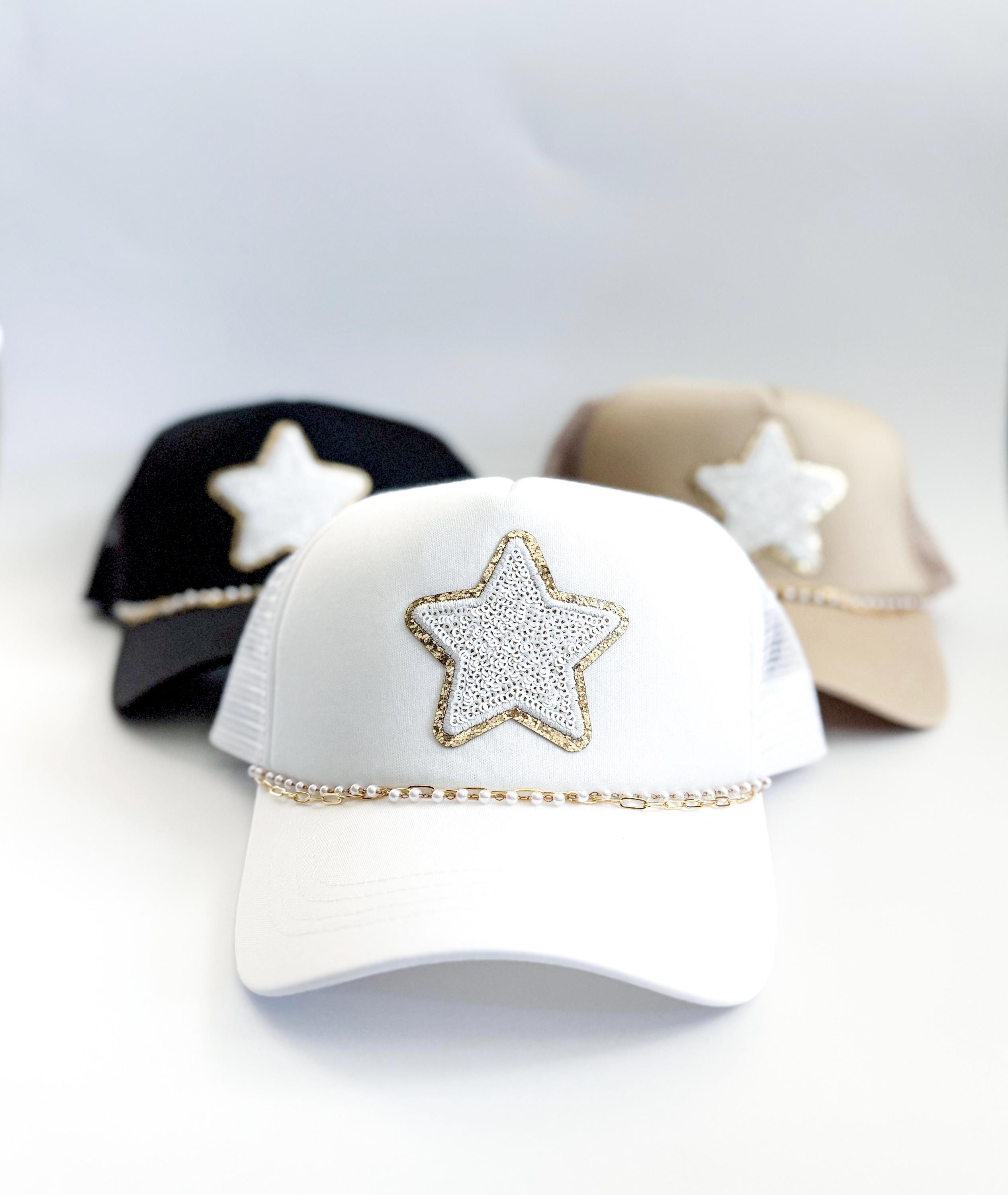 Pink Gold Star Sequin Bear Trucker Hat Cap with Gold Star Rhinestone Chain Adult Sequin Star Patch Trucker Hat With Gold and Pearl Hat  main image 4