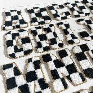 3.12 Retro Font Black White Checkered Chenille Iron On Letter Patches with gold glitter trim image 4