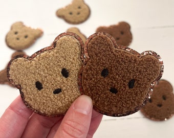 Light + Dark Brown Chenille Iron On Bear Face Patches with brown glitter trim | kids patches | cute patches | teddy