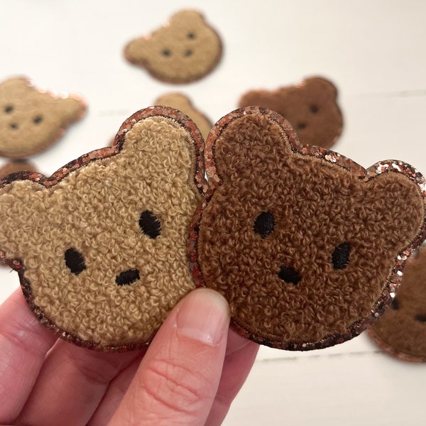 Light + Dark Brown Chenille Iron On Bear Face Patches with brown glitter trim | kids patches | cute patches | teddy