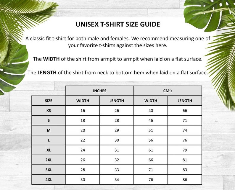May include: Unisex t-shirt size guide with measurements in inches and centimeters. The chart shows the width and length of the shirt for sizes XS to 4XL.