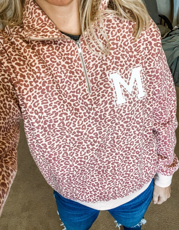 Pink Leopard Varsity Letter Quarter Zip Pullover Sweatshirt Animal