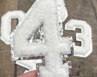 3.12" White + Silver Glitter Iron On Chenille Number Patches