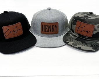 Baby Personalized Trucker Hat: Leatherette Name Patch, Adjustable Flat Brim