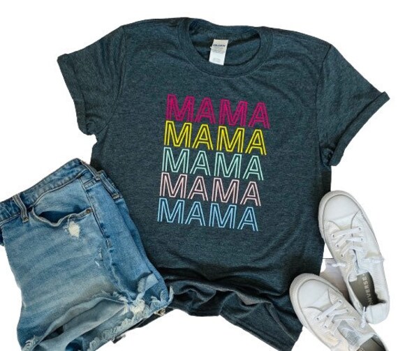 Retro Mama Graphic Tee: Rainbow Letter Print, Mom Life Shirt