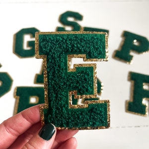 3.12" Dark Green + Gold Glitter Iron On Chenille Letter Patches (8cm) | fuzzy letters | clothing patches | varsity letters | mardi gras
