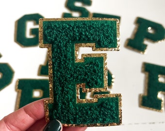 3.12" Dark Green + Gold Glitter Iron On Chenille Letter Patches (8cm) | fuzzy letters | clothing patches | varsity letters | mardi gras