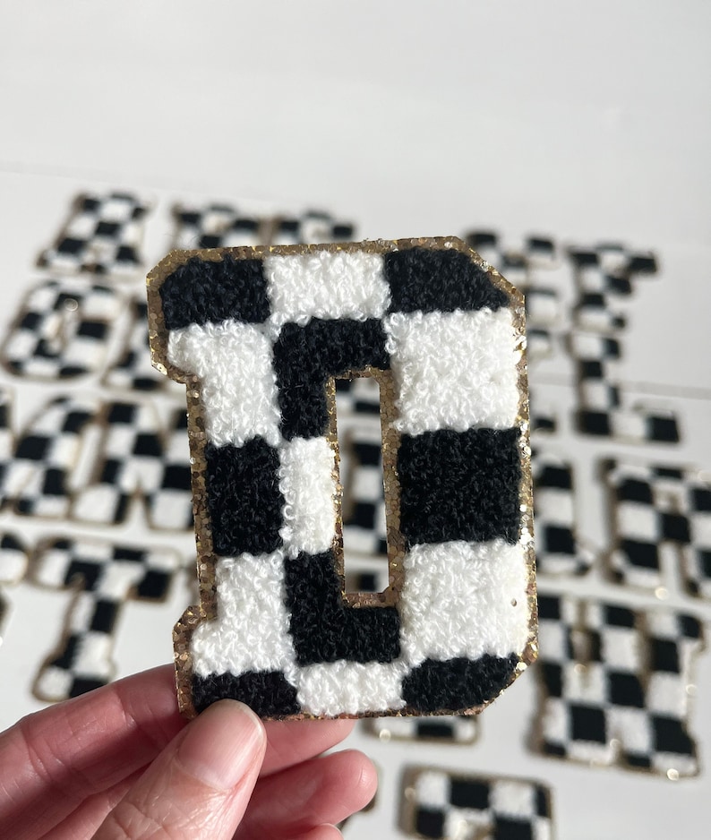 3.12 Retro Font Black White Checkered Chenille Iron On Letter Patches with gold glitter trim image 1