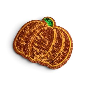Peut inclure: Un écusson en forme de citrouille recouvert de paillettes orange scintillantes avec une petite tige en paillettes vertes sur le dessus. L'écusson présente des détails cousus qui définissent les segments de la citrouille.
