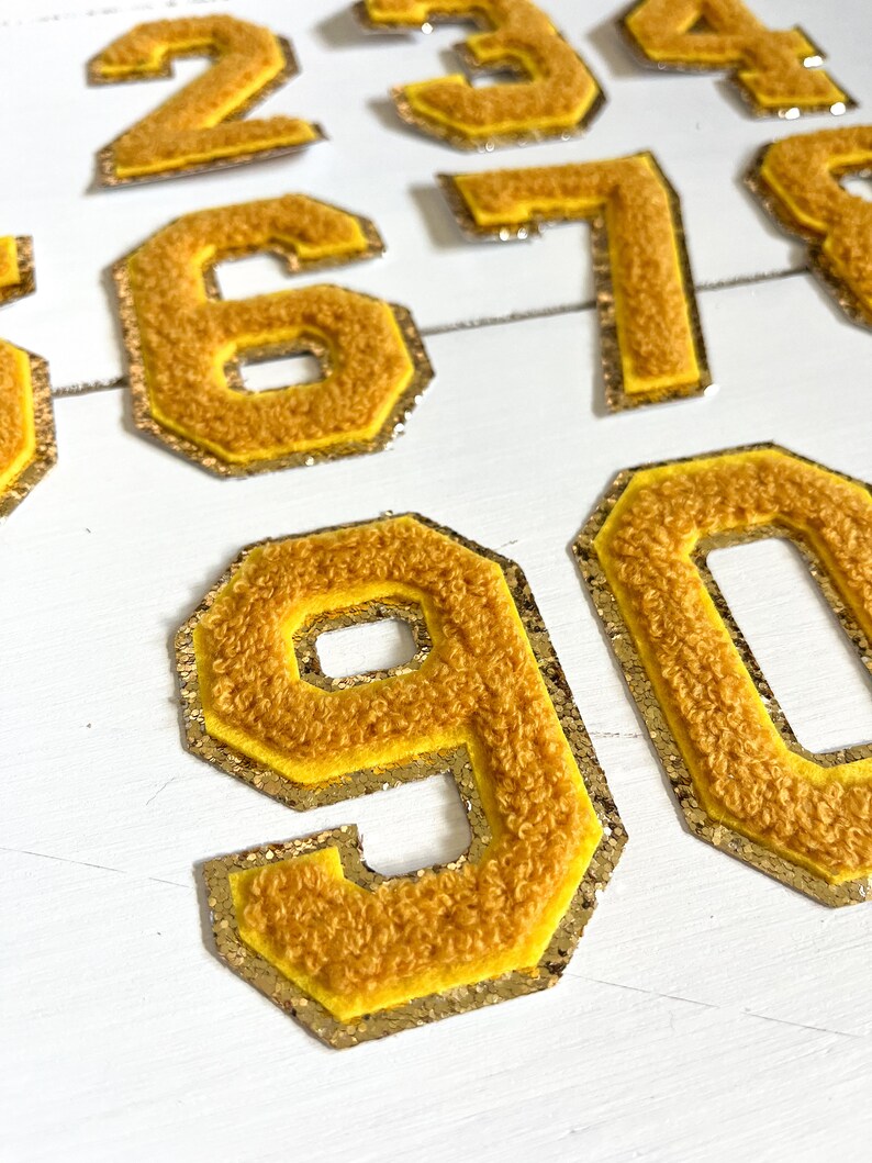 3.12 Golden Yellow Gold Glitter Chenille Iron on Number Patches Mardi