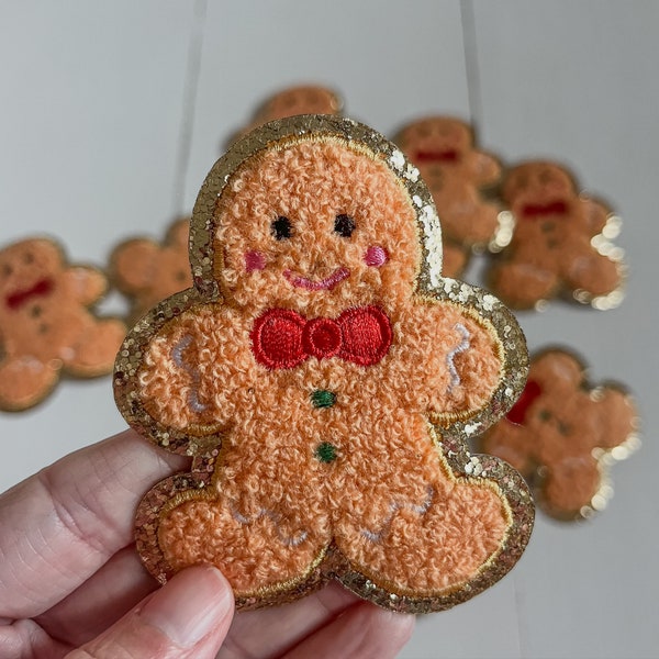 Lebkuchenmann Chenille Aufnäher (8cm) mit Gold Glitzer Umriss | Weihnachts Aufnäher | Süßer Aufnäher zum Aufbügeln | Feiertage | festlich