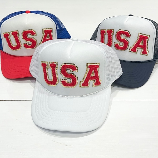 America In Royal Blue Glitter Puff Vinyl Printed Red/White/Blue Trucker Hat