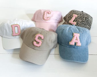 Pink Chenille Letter Patch Baseball Hat: Personalized Monogram, Adjustable