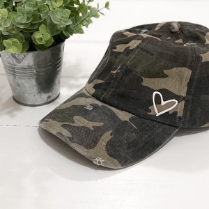 Distressed Camo Baseball Hat: Adjustable Heart Design