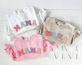 Mama Crewneck Sweatshirt: Multi-Color Chenille Letter Patch, Glitter Mom Life Shirt