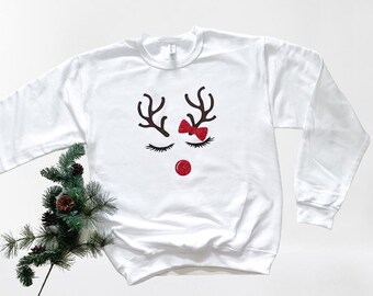 Glitter Reindeer Christmas Sweatshirt: Red Nose & Bow, Adult Unisex Fleece