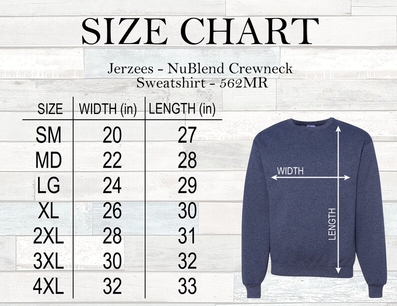 Puede incluir: Tabla de tallas para una sudadera con cuello redondo Jerzees NuBlend, que muestra las medidas en pulgadas de ancho y largo para las tallas S a 4XL.