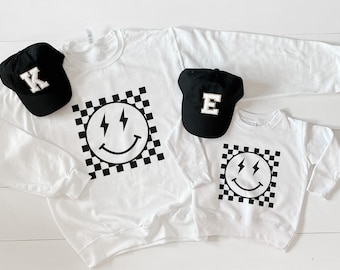 Checkered Lightning Bolt Smiley Face Sweatshirt - Mommy and Me Matching