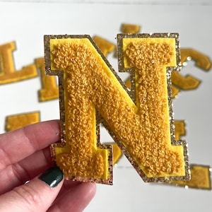 3.12" Golden Yellow + Gold Glitter Iron On Chenille Letter Patches (8cm) | fuzzy letters | varsity letters | sports teams | mardi gras