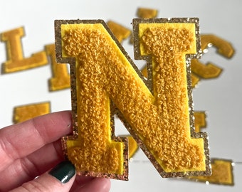 3.12" Golden Yellow + Gold Glitter Iron On Chenille Letter Patches (8cm) | fuzzy letters | varsity letters | sports teams | mardi gras