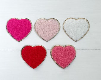 Pink, Red, White + Gold Glitter Heart Chenille Iron On Patches | 2.3" | Valentine's Day | cute patches | fuzzy patches | love day | 6cm