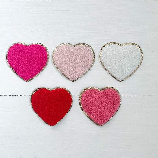 Pink, Red, White + Gold Glitter Heart Chenille Iron On Patches | 2.3" | Valentine's Day | cute patches | fuzzy patches | love day | 6cm