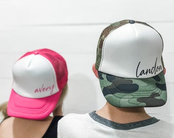 Toddler/Youth Personalized Foam Trucker Hats | name | cursive | kids | gift ideas | siblings | adjustable | trucker cap | camo | pink