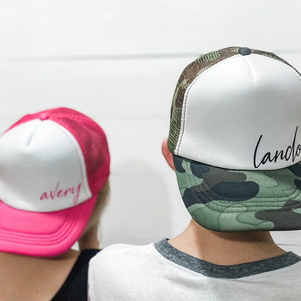 Toddler/Youth Personalized Foam Trucker Hats | name | cursive | kids | gift ideas | siblings | adjustable | trucker cap | camo | pink