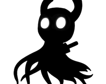 Puede incluir: Una silueta negra de un personaje con cabeza redondeada, dos cuernos prominentes curvados hacia arriba y dos ojos circulares blancos brillantes. La figura tiene un cuerpo inferior tipo capa con bordes puntiagudos y un objeto tipo espada.