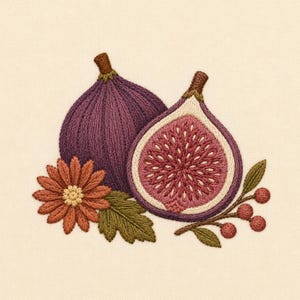 May include: An embroidery design featuring a whole deep purple fig and a halved fig showing a pink seeded interior. The composition includes a rust-colored daisy, green leaves, and a small branch with tiny red berries on a cream-colored fabric.