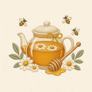 May include: An embroidery design featuring a glass teapot filled with golden honey and chamomile flowers. A wooden honey dipper rests in front with a small puddle of honey. Three small bees fly around the teapot, surrounded by green leaves.