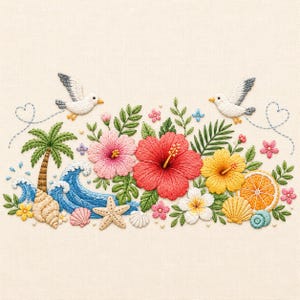 Op de afbeelding: Geborduurd kunstwerk met een tropische strandscène. Twee witte vogels vliegen boven een levendige weergave van hibiscusbloemen, palmbomen, schelpen en oceaangolven. Het ontwerp bevat roze, rode, gele en blauwe elementen, wat een zomers gevoel creëert.