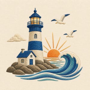 May include: An embroidery design featuring a blue and white lighthouse on a rocky base with a small house, a rising orange sun with rays, two flying seagulls, and a large crashing ocean wave in shades of blue, all set against a cream background.