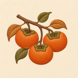 May include: An embroidery design featuring three vibrant orange persimmons hanging from a brown branch. The fruit is accented with textured green calyxes and surrounded by several pointed leaves in shades of olive green and golden brown.