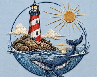 Whale Lighthouse Embroidery Design, Nautical Ocean Machine Embroidery File, Coastal Sea Design, Summer Embroidery, Beach Scene