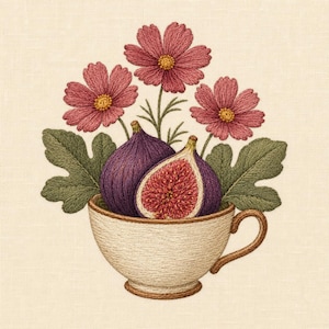May include: An embroidery design on cream fabric featuring a beige teacup filled with two whole purple figs and one halved fig showing red seeds. Three pink cosmos flowers with yellow centers and green leaves are arranged behind the figs.