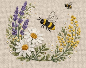 Bee and Flower Embroidery Design, Daisy Lavender Machine Embroidery File, Spring Embroidery, Digital Download– DST PES JEF, 5 Size