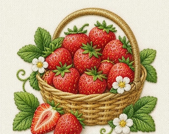 Strawberry Basket Embroidery Design, Summer Fruit Embroidery File, Strawberry Stitch Pattern, Floral Berry, PES DST JEF, Tropical Embroidery