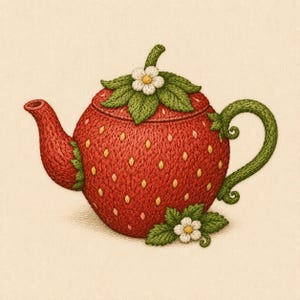 May include: A whimsical teapot shaped like a strawberry, with a red body dotted with yellow seeds. The lid is adorned with green leaves and a white flower. The handle and spout are green, creating a charming, fruit-themed design.