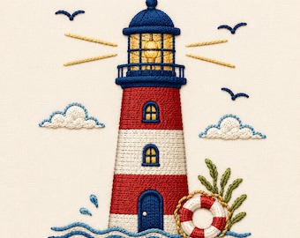 Nautical Lighthouse Embroidery Design File, Coastal Beacon Stitch Pattern, Seaside Machine Embroidery Download