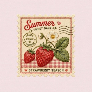 May include: Embroidered stamp design featuring two red strawberries, green leaves, and a white flower. Text includes "Summer Sweet Days," "Fresh Picked Strawberries," and "Strawberry Season." The stamp has a pink and red gingham border.