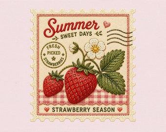 イチゴシーズンの刺繍デザイン、夏のイチゴパッチワークファイル、ヴィンテージフルーツ刺繍パターン、コテージコアベリーステッチ、PES DST