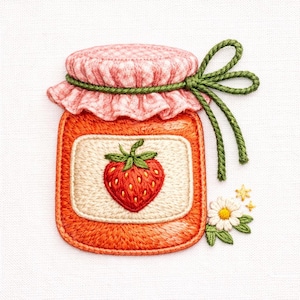 Op de afbeelding: Geborduurd beeld van een pot aardbeienjam. De pot is oranje met een wit etiket met een rode aardbei. Het deksel is roze gingham, vastgebonden met groen touw. Een kleine madelief en sterren staan naast de pot.